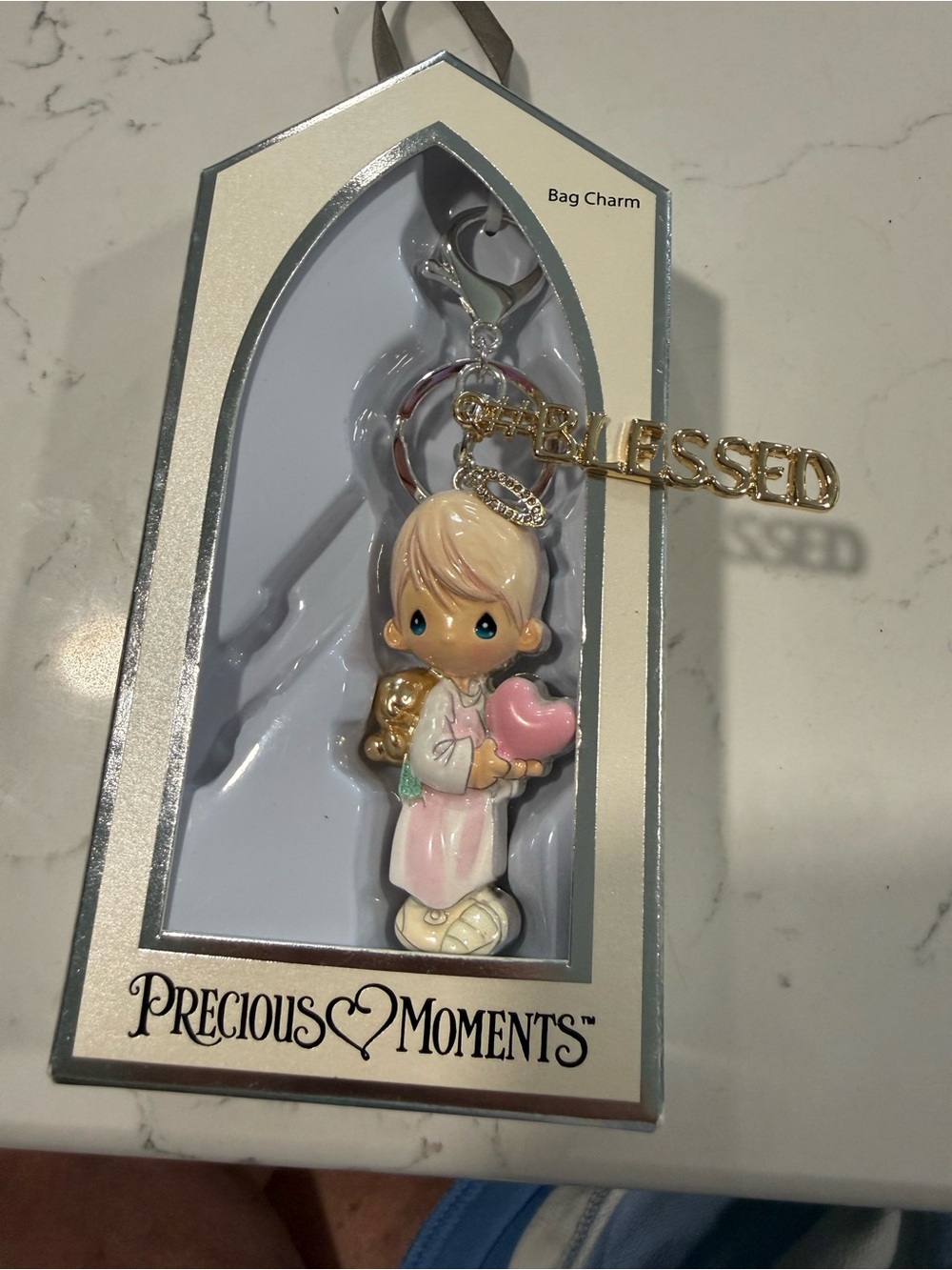 Precious Moments Girl Charm with Pink Heart & Gold 'Blessed' Tag